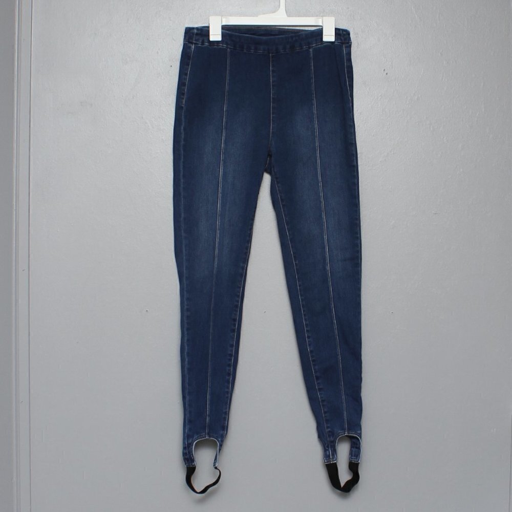 Soft Surroundings dark wash pleated skinny stirrup jeans